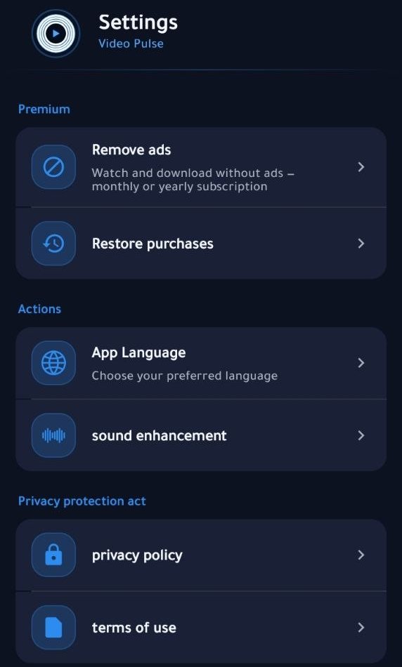 Video Pulse settings — «Remove ads» and «Restore purchases» under Premium