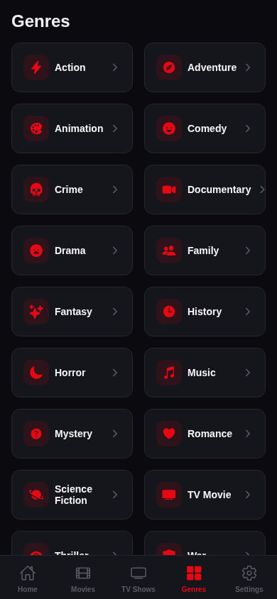 Genres screen