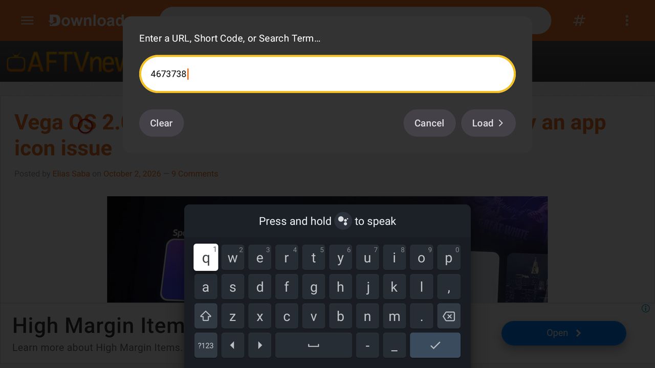 Code 4673738 typed in Downloader
