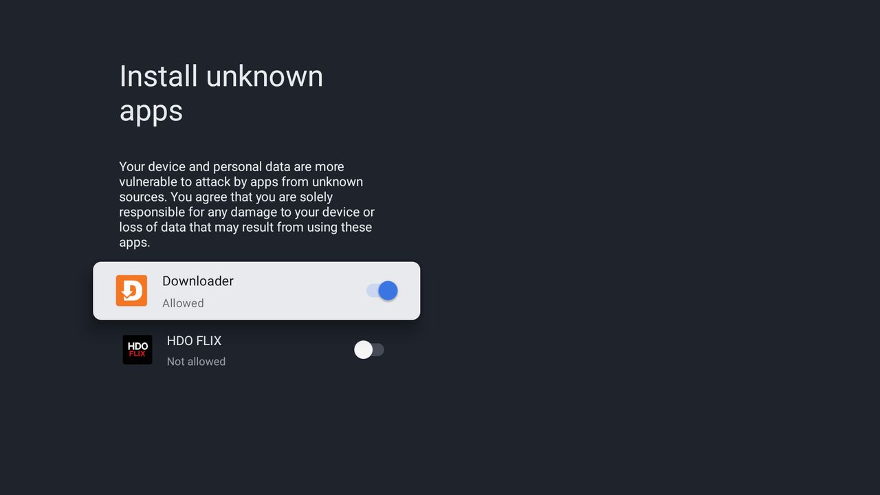 Install unknown apps setting with Downloader allowed
