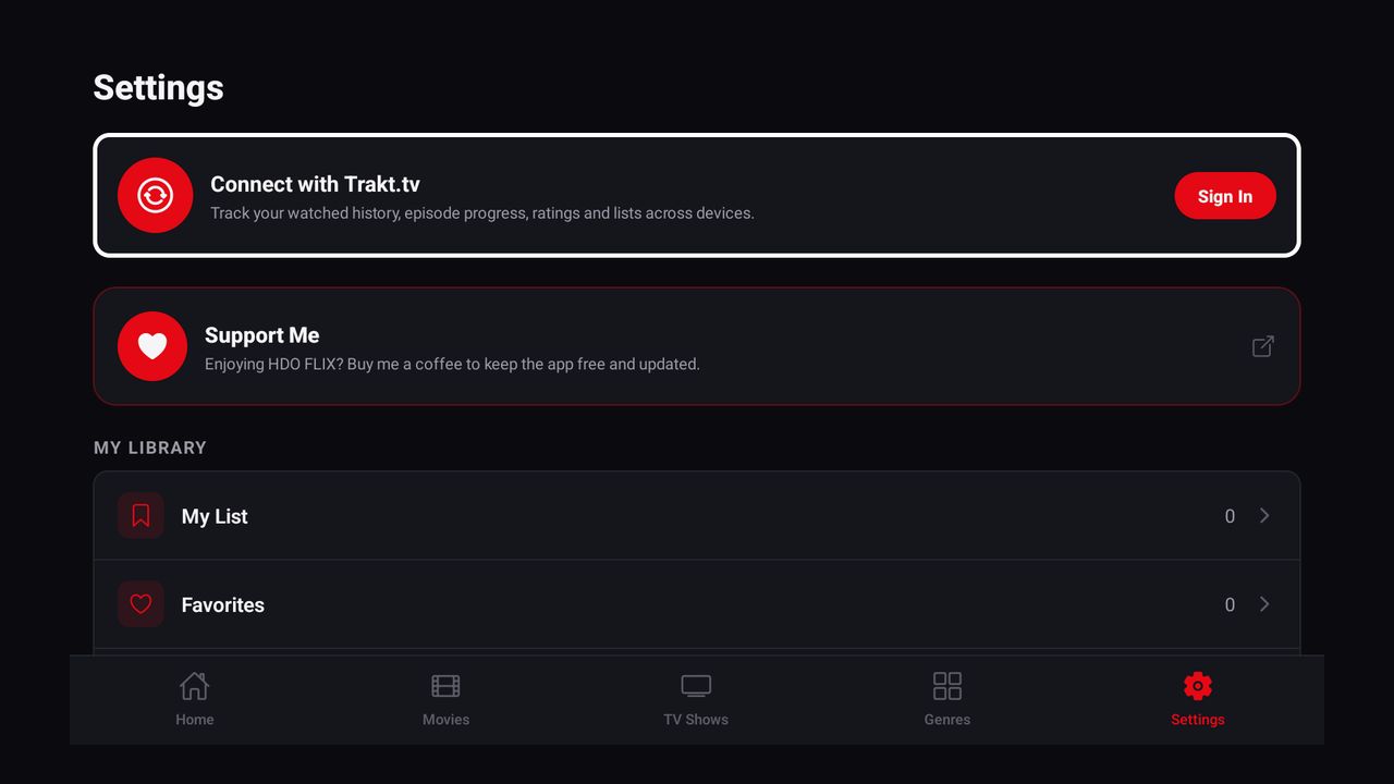Settings, Trakt.tv and support